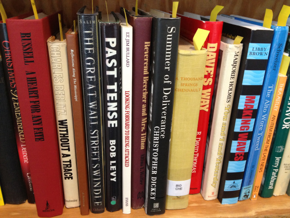 These autographed options stood on a bookcase by themselves.