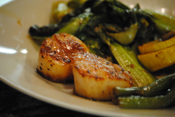Stir fried bok choy, green beans, with garlic scales from my own yard, seared scallops.